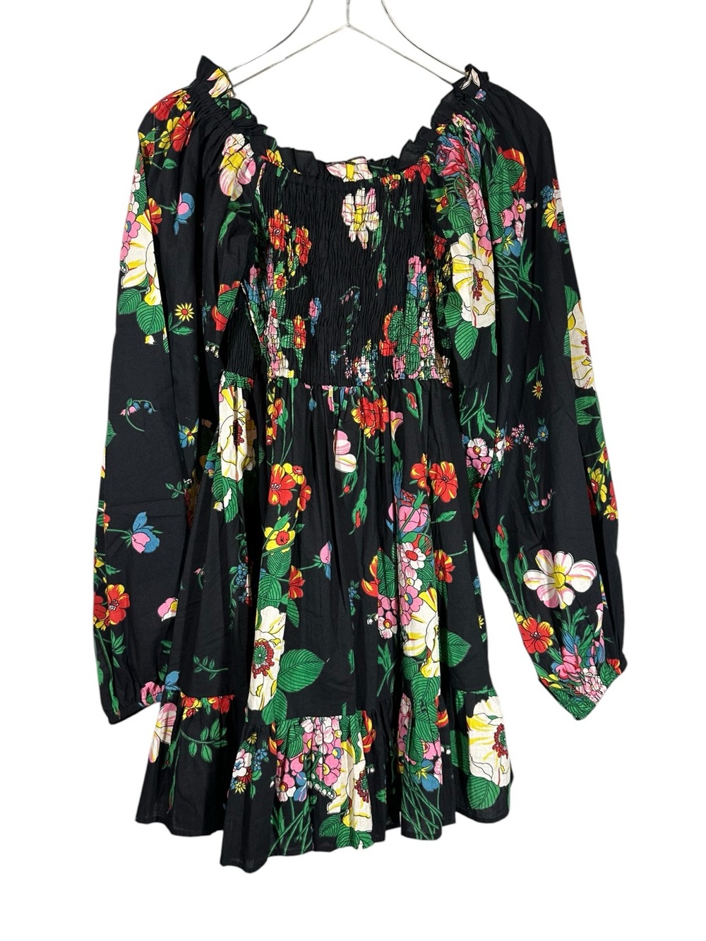 MILLE Resort & Travel Women’s Small Sigrid  Black Floral Smocked Boho Mini Dress